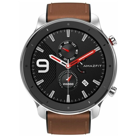 Amazfit GTR 47мм stainless steel case, leather strap, brown: характеристики и цены