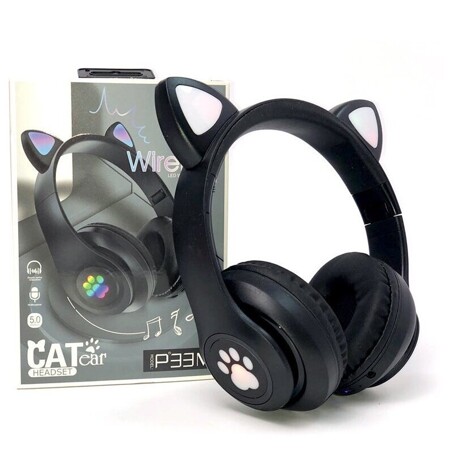 Беспроводные наушники Cat Ear P33M с bluetooth и светящимися кошачьими ушками и лапкой (черный): характеристики и цены