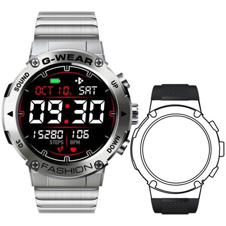 Умные часы EIGIIS HT-DWTK28N, 45mm, Часы из серебристой стали (инструмент для разборки) + черный силиконовый ремешок: характеристики и цены