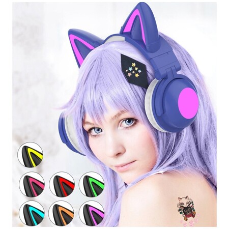 Cat Ear - ZW-068 Темно-Синие. Беспроводные bluetooth наушники с ушками кошки, светящиеся и объемным звуком 7.1: характеристики и цены