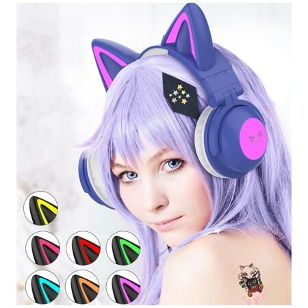 You Cat - ZW-068ST Темно-cиние. Беспроводные наушники с ушками кошки(cat ear), подсветкой и объемным звуком 7.1: характеристики и цены