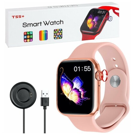 Умные часы Smart Watch T55 Plus, с измерением давления, пульса, калорий, физической активности, водонепроницаемые IP67 IOS Android, Розовый: характеристики и цены