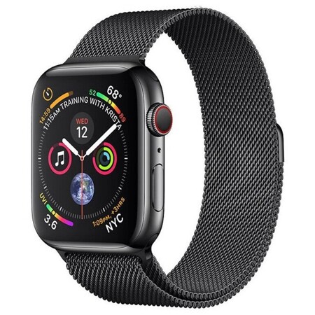 Apple Watch Series 4 GPS + Cellular, 44 мм, корпус из нержавеющей стали цвета «серый космос», миланский сетчатый браслет цвета «серый космос» (MTV62): характеристики и цены