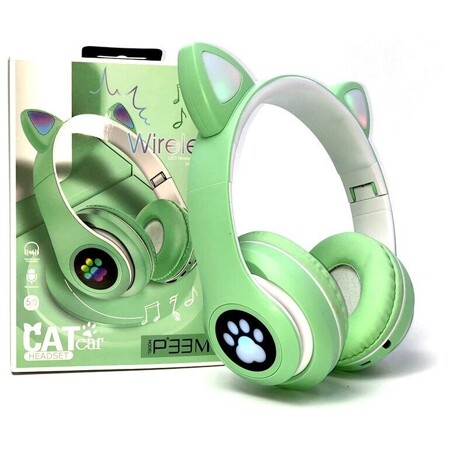 Беспроводные наушники Wireless Cat Ear P33M с bluetooth и светящимися кошачьими ушками и лапками (Мятный): характеристики и цены