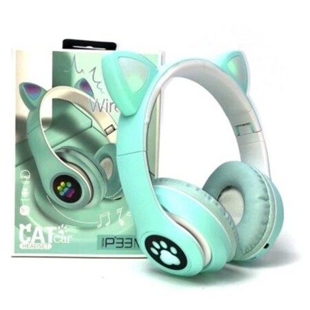 Беспроводные наушники Wireless Cat Ear P33M с bluetooth и светящимися кошачьими ушками и лапками (Голубой): характеристики и цены