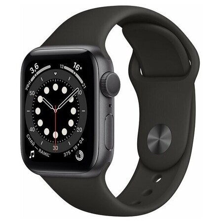 Apple Watch Series 6, 44 мм (корпус из алюминия «серый космос», спортивный ремешок чёрного цвета): характеристики и цены