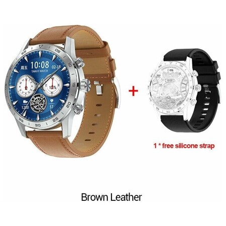 Kingwear Смарт часы KingWear DT70 с bluetooth звонком (Серебристый корпус, 2 сменный ремня (коричневый кожаный, черный силиконовый)): характеристики и цены